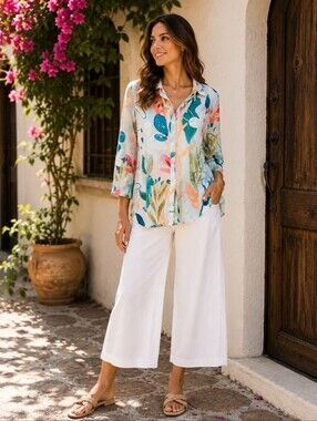 Jess & Jane Lemonade Abstract Floral Lightweight Button Front Top Small